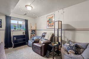 Living area with a textured ceiling and carpet flooring