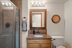 Bathroom featuring vanity, toilet, a shower with shower door, and a textured ceiling