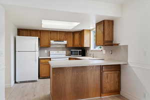 Kitchen with backsplash, kitchen peninsula, light hardwood / wood-style floors, and white appliances