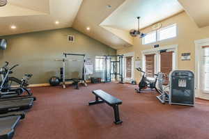 Workout area with high vaulted ceiling and plenty of natural light