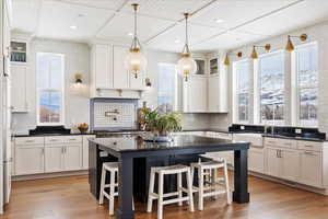 Kitchen with pendant lighting, a kitchen island, light wood-type flooring, and white cabinetry