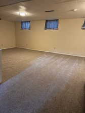 Basement with carpet flooring