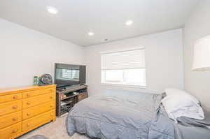 Bedroom with multiple windows and light colored carpet