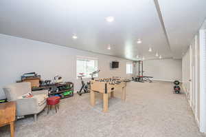 Game room with a textured ceiling and light carpet