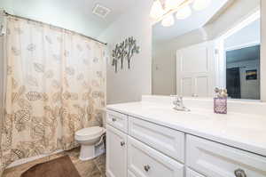 Bathroom featuring vanity, toilet, and a shower with shower curtain