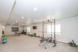 Exercise area featuring carpet floors