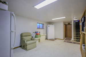 Sitting room featuring a textured ceiling and light carpet