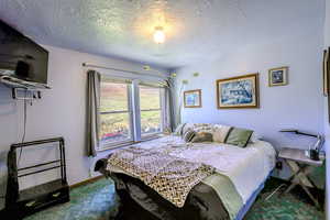 Bedroom featuring a textured ceiling and carpet