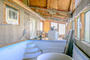 Bathroom featuring a wealth of natural light and a washtub