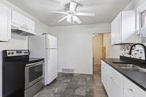 Kitchen featuring stainless steel electric range oven, white cabinetry, backsplash, sink, and ceiling fan