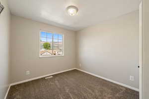 Carpeted spare room with a textured ceiling