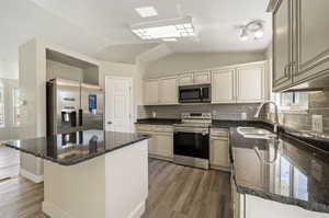 Kitchen with appliances with stainless steel finishes, lofted ceiling, a center island, and dark wood-type flooring