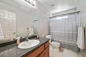 Bathroom with a textured ceiling, vanity, toilet, and a shower with curtain