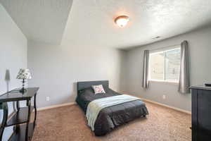 Bedroom with a textured ceiling and carpet