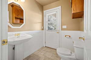 Main floor powder room with access to covered deck.