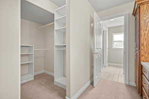 Walk in closet with light colored carpet