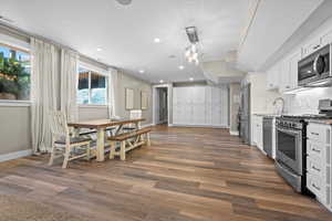 Basement kitchen featuring light stone counters, stainless steel appliances, white cabinetry, sink, and dark hardwood / wood-style floors