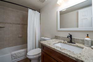 Full bathroom featuring vanity, toilet, and shower / bath combo