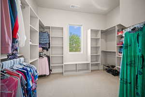 Walk in closet with carpet flooring