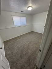 Carpeted spare room with a textured ceiling