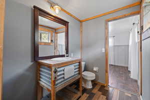 Primary bathroom featuring crown molding, hardwood / wood-style flooring, rustic vanity, and toilet