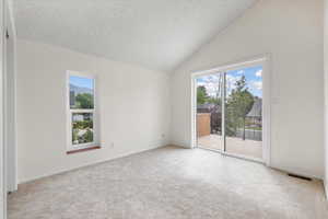 Spare room featuring lofted ceiling, light carpet, and a textured ceiling