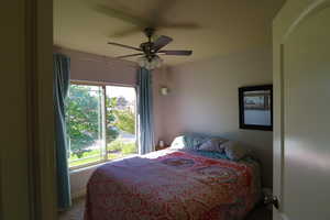 Bedroom featuring ceiling fan, carpet flooring, and multiple windows