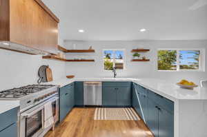 Kitchen with light hardwood / wood-style flooring, a healthy amount of sunlight, kitchen peninsula, and stainless steel appliances