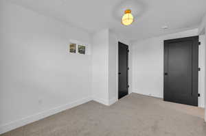 Unfurnished bedroom featuring light carpet