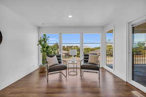 Sitting room with dark wood-type flooring