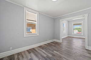 Empty room featuring ornamental molding and wood-type flooring