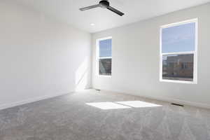 Carpeted spare room with ceiling fan and a wealth of natural light