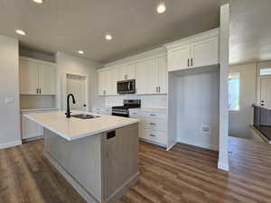 Kitchen with dark hardwood / wood-style floors, stainless steel appliances, a center island with sink, and white cabinetry