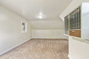 Carpeted spare room with lofted ceiling and a textured ceiling