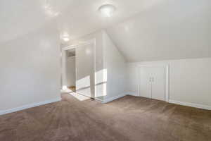 Additional living space featuring lofted ceiling, a textured ceiling, and carpet floors