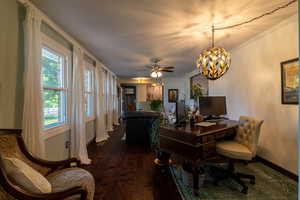 Office featuring crown molding, plenty of natural light, dark hardwood / wood-style floors, and ceiling fan