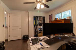 Office area featuring ceiling fan, dark hardwood / wood-style flooring, and ornamental molding