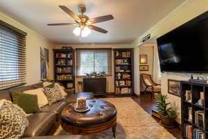 2nd Living room featuring ceiling fan, ornamental molding, and dark hardwood / wood-style flooring