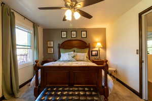 Carpeted bedroom with ceiling fan