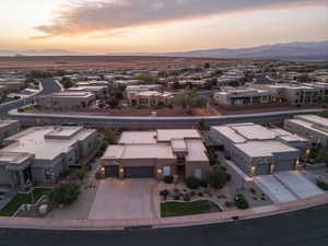 Aerial view at dusk with a mountain view