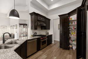 Kitchen with light hardwood / wood-style flooring, light stone counters, stainless steel appliances, sink, and pendant lighting