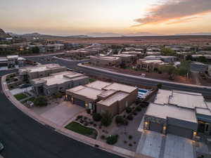 Aerial view at dusk with a mountain view