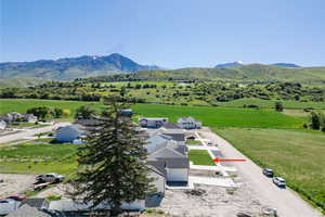 Aerial view of the entrance to the subdivision, looking east. 2nd driveway with grass in photo.