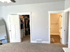 Primary suite with walk-in closet and full, private bathroom.