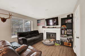 Living room featuring a wealth of natural light, a fireplace, and hardwood / wood-style flooring