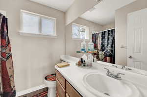 Bathroom featuring vanity, toilet, and hardwood / wood-style floors