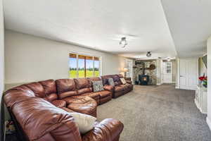 Carpeted living room featuring a wood stove