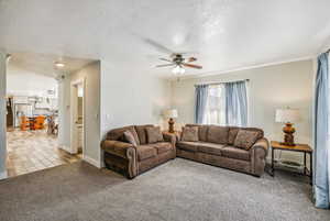 Living room featuring a textured ceiling, light colored carpet, and ceiling fan