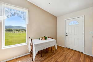 Foyer featuring hardwood / wood-style flooring and a mountain view