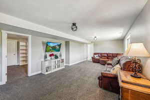 Living room with dark carpet